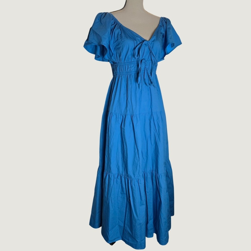 Harlow & Rose Blue Cotton Maxi Dress M Flutter Sleeve Tiered Tie Front Boho